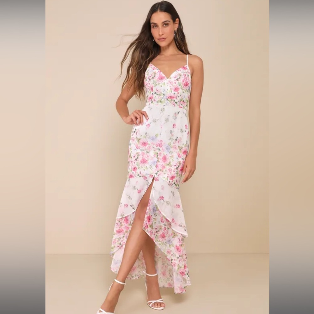 Floral Spaghetti-Strap High-Low Dress in White and Pink